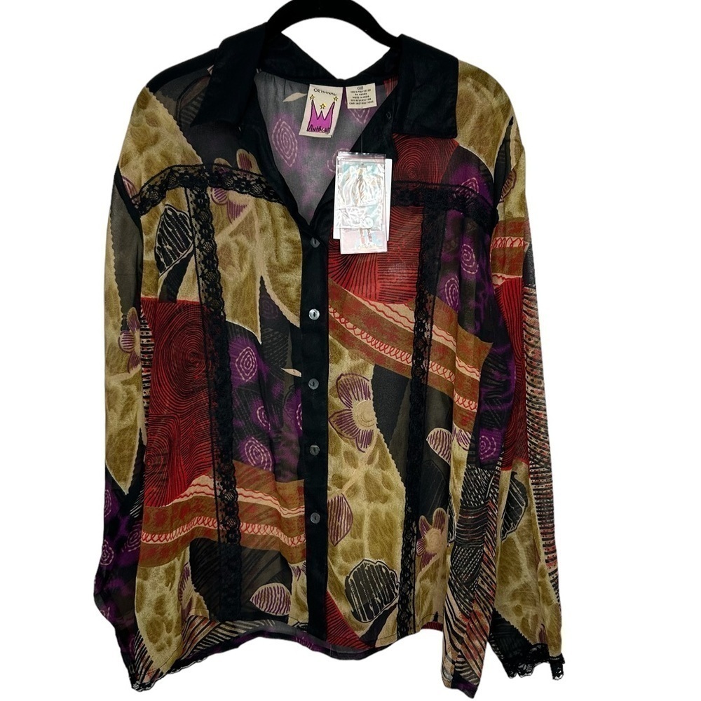 New Original Anthony Womens Semi Sheer Blouse 1X Button Front Art To Wear BNWT